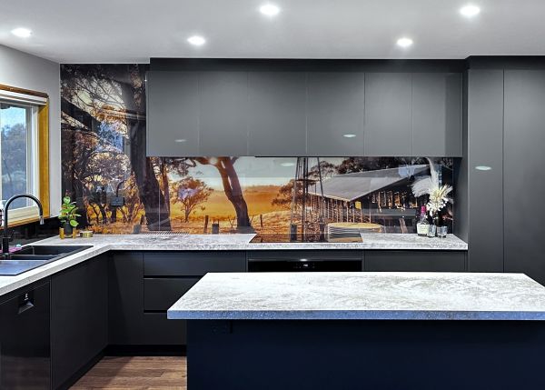 Printed glass splashback in a modern kitchen